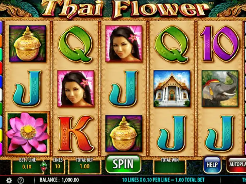 Thai Flower slot free spins bonus round showing symbol selection screen and active lotus scatters