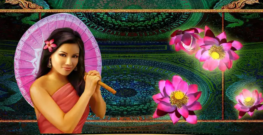 Thai Flower slot game reels showing lotus scatter symbols and Thai woman on a 5x3 grid